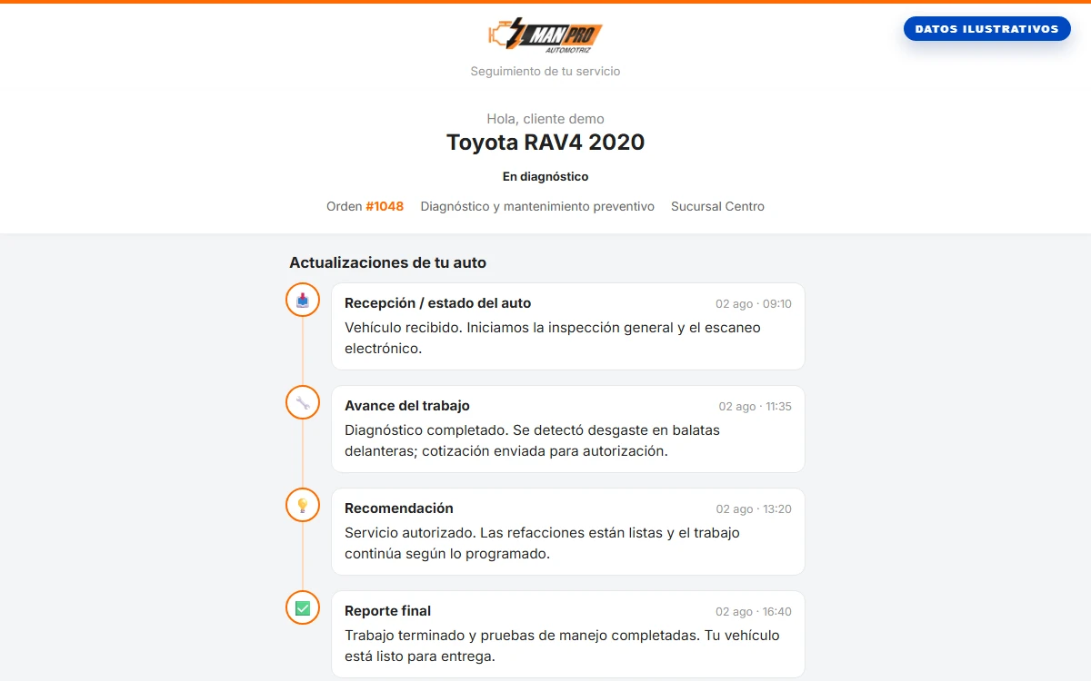 Vista ilustrativa de la bitácora de servicio para el cliente