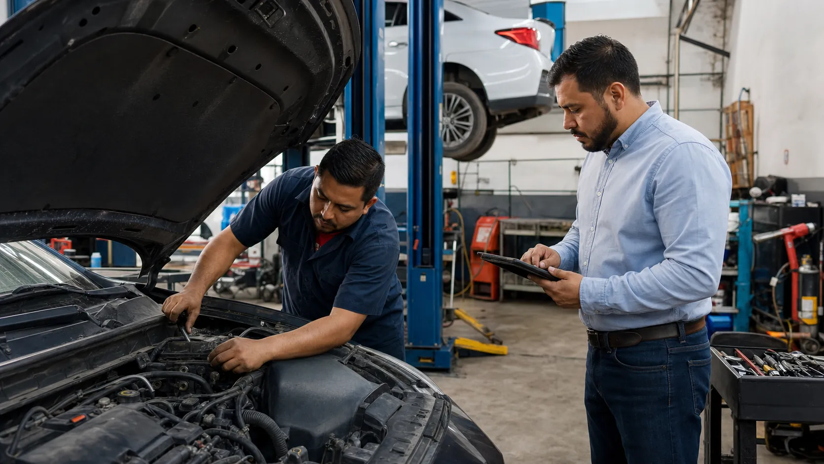 Técnico y asesor trabajando durante la operación diaria del taller