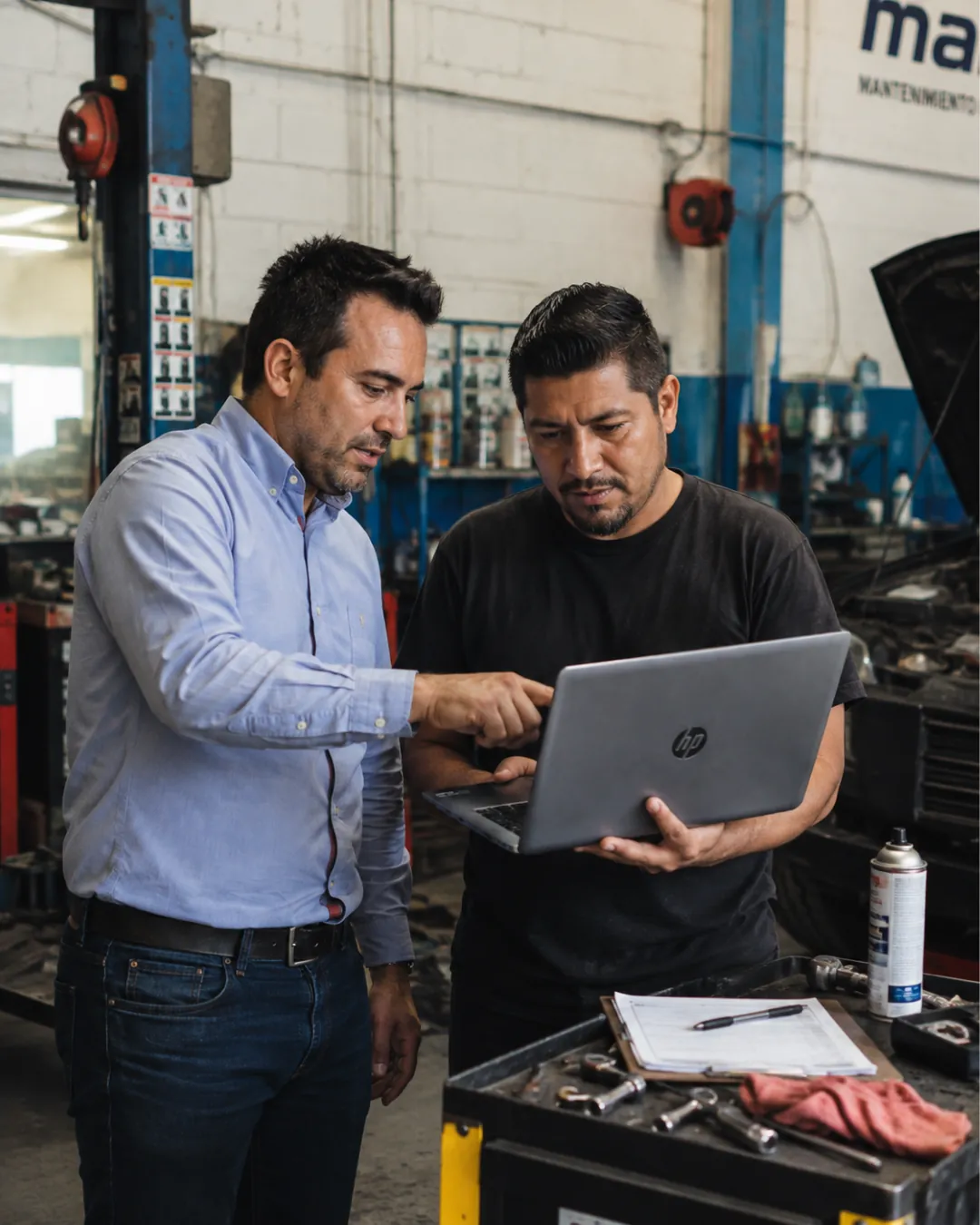 Asesor y encargado de taller revisando datos en una laptop