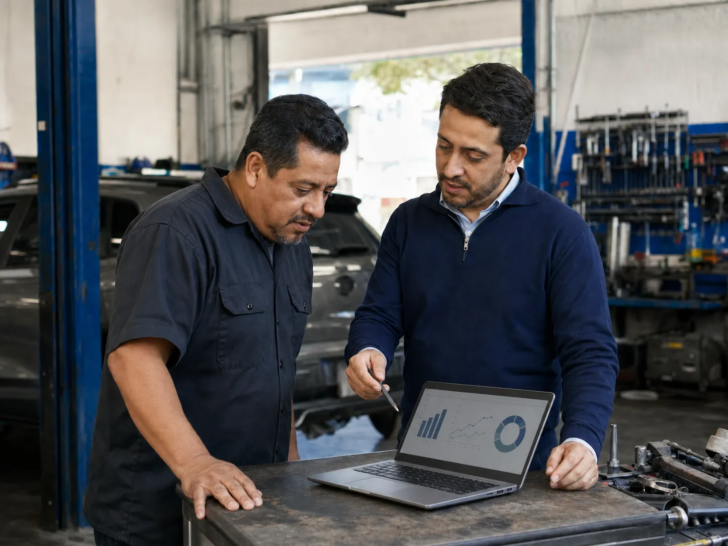 Responsable de un taller y asesor revisando datos comerciales en una laptop