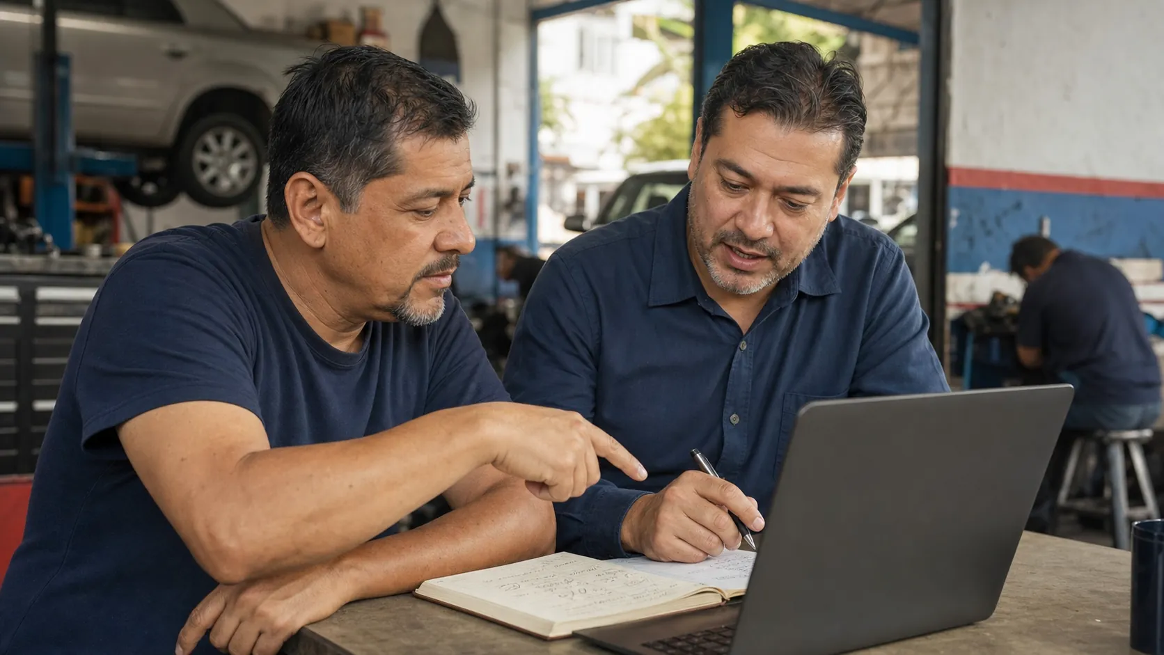 Dueño de taller y asesor revisando el diagnóstico en una laptop